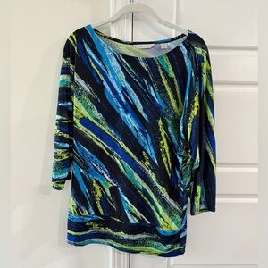 Laura Ashley Abstract Print Autumn Top Small Boatneck Blue Green 3/4 Sleeves